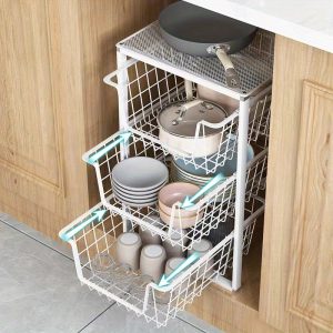 Expandable Metal Pull-Out Organizer for Kitchen Cabinets - 3-Tier Sliding Basket Drawer for Dishes, Condiments & Cookware Storage Rack