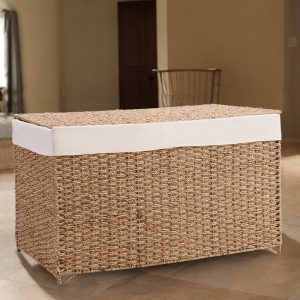 1pc, Double Laundry Hamper with Lid - 160L (42 Gallon) Natural Seagrass Hand Woven Clothes Toy Storage Basket with 2 Section Removable Liner, Foldable Rattan Hamper Trunk for Bathroom, Bedroom