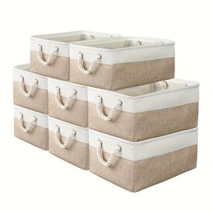 8pcs Set Vintage Brown Storage Baskets with Handles - Foldable, Stackable Organizer Containers for Clothes, Toys, Books & More - Perfect for Bedroom, Living Room, Office, Dorm Decor