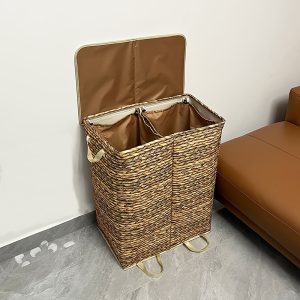 Contemporary Double-Section Laundry Hamper, Woven Straw Pattern Oxford Cloth, Foldable Dirty Clothes Organizer with Lid, Dual Compartment Storage Basket for Home Use