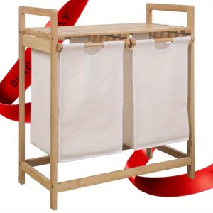 1pc Multifunctional Double Bucket Double Drawer Storage Rack, Bamboo Cloth Dirty Clothes Storage Bedroom Living Room Storage Rack, Storage Basket